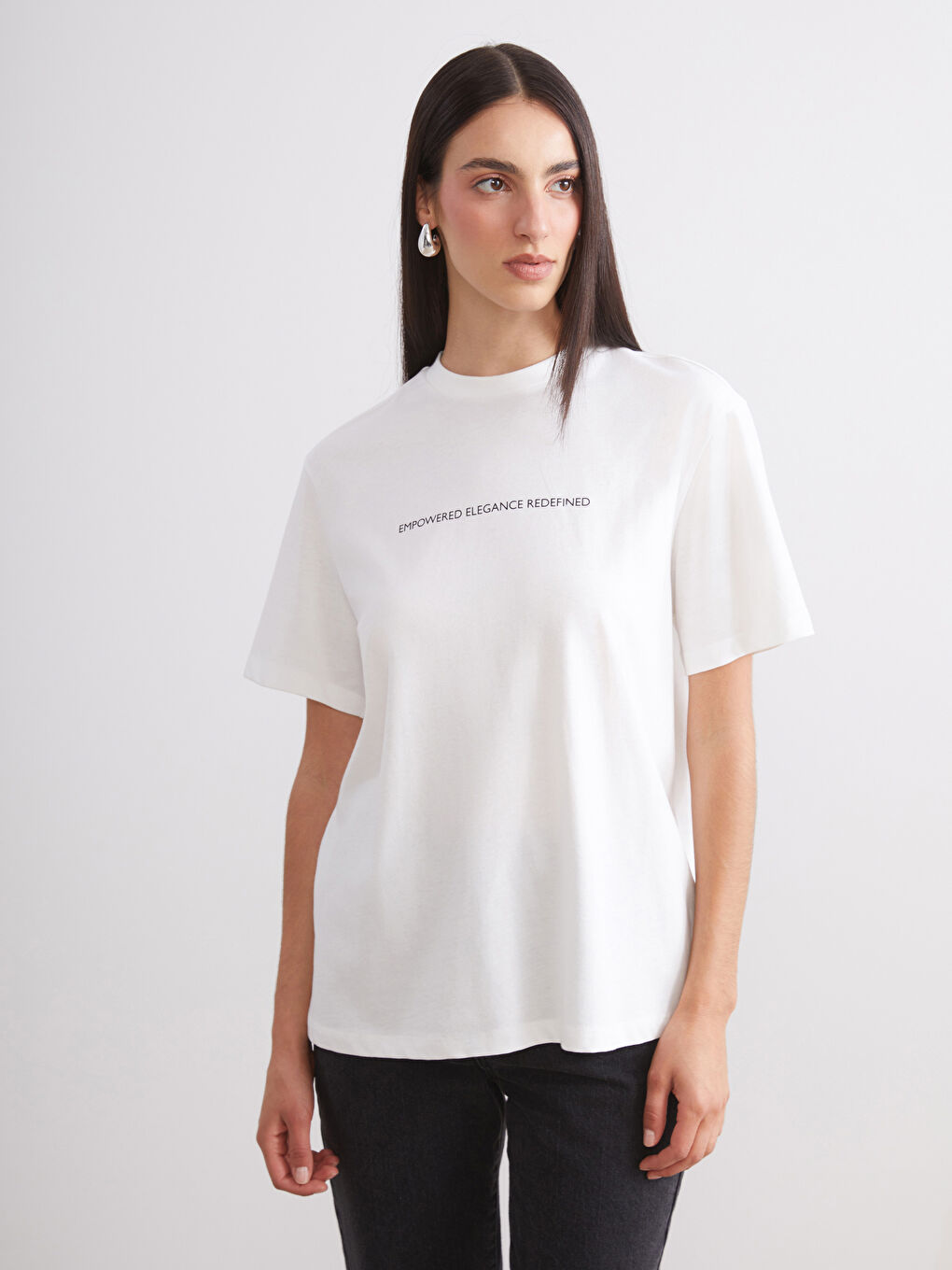 Siyah Bisiklet Yaka Baskılı Oversize Kadın Tişört 2'li-1