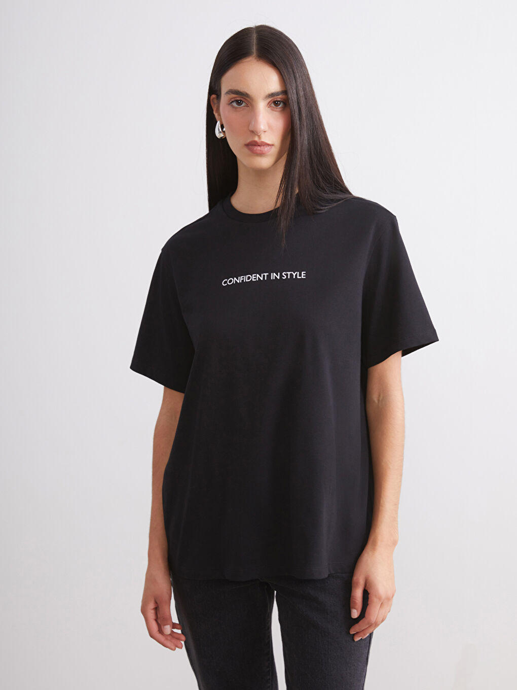 Siyah Bisiklet Yaka Baskılı Oversize Kadın Tişört 2'li-2