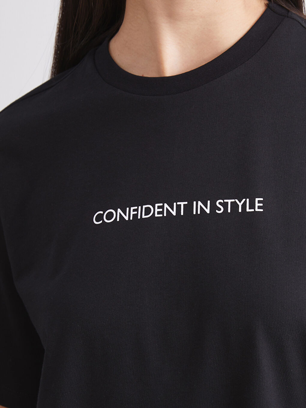 Siyah Bisiklet Yaka Baskılı Oversize Kadın Tişört 2'li-4