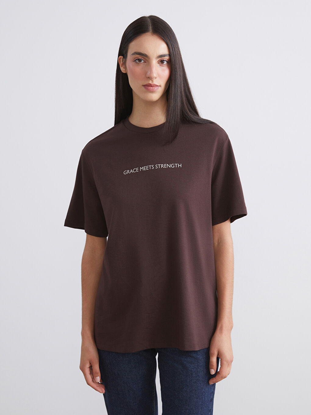 Bej Bisiklet Yaka Baskılı Oversize Kadın Tişört 2'li-1