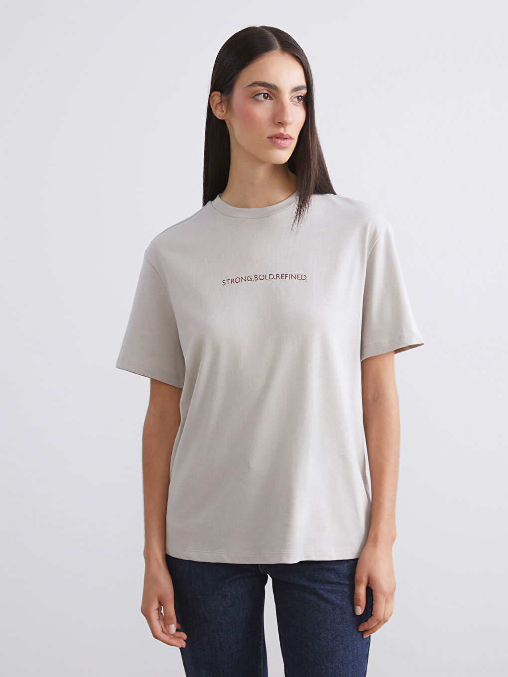 Bej Bisiklet Yaka Baskılı Oversize Kadın Tişört 2'li-2