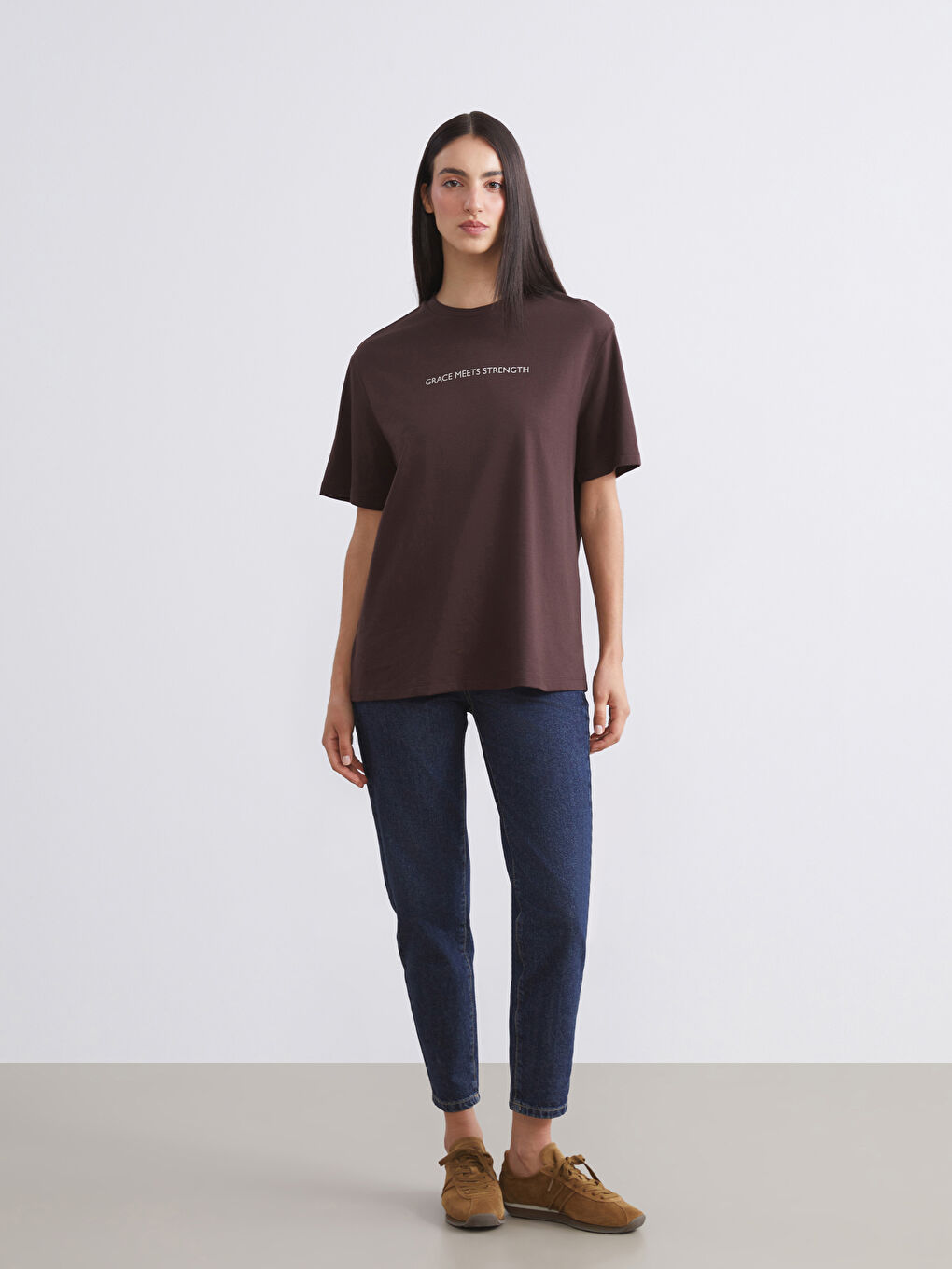 Bej Bisiklet Yaka Baskılı Oversize Kadın Tişört 2'li-3