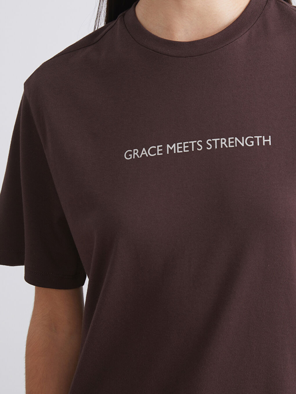 Bej Bisiklet Yaka Baskılı Oversize Kadın Tişört 2'li-4