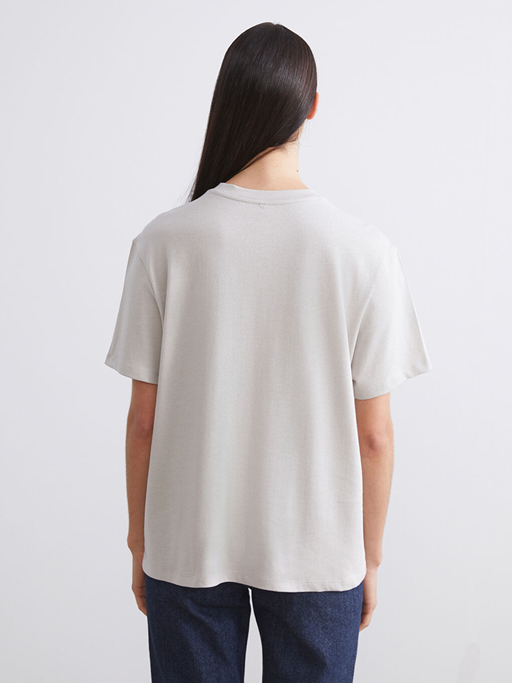 Bej Bisiklet Yaka Baskılı Oversize Kadın Tişört 2'li-7