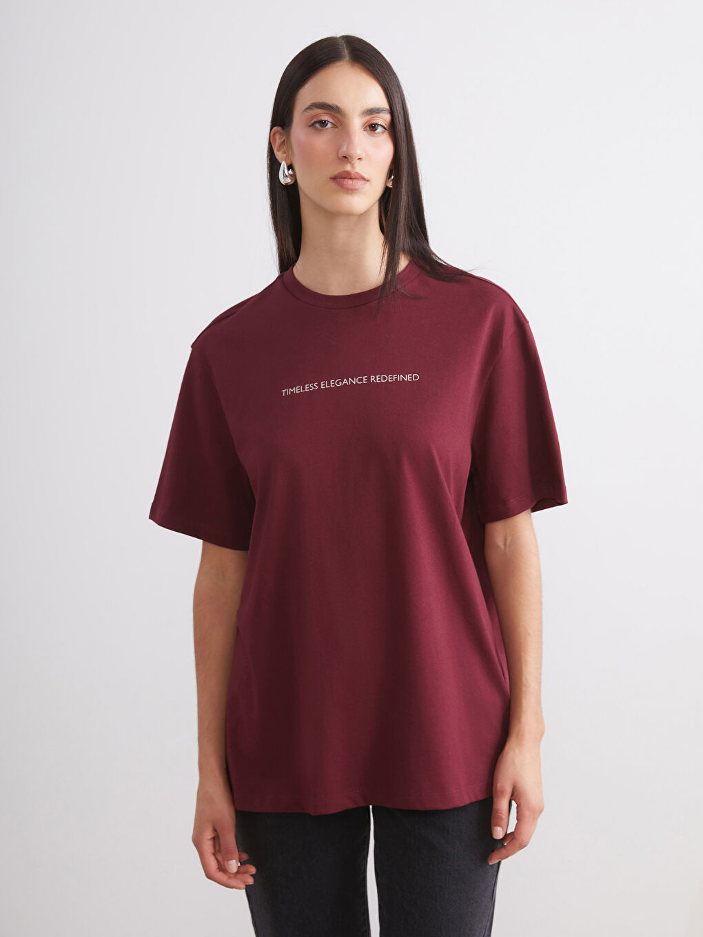 Siyah Bisiklet Yaka Baskılı Oversize Kadın Tişört 2'li-2