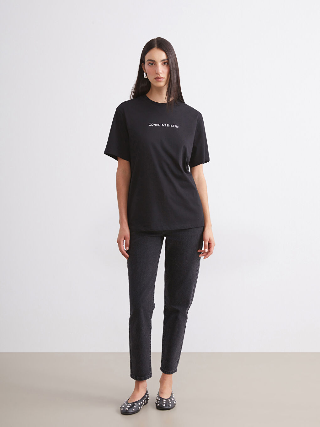 Siyah Bisiklet Yaka Baskılı Oversize Kadın Tişört 2'li-3