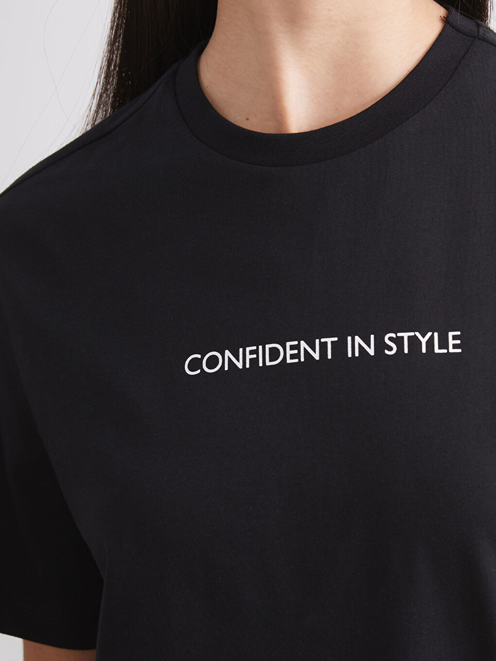 Siyah Bisiklet Yaka Baskılı Oversize Kadın Tişört 2'li-6