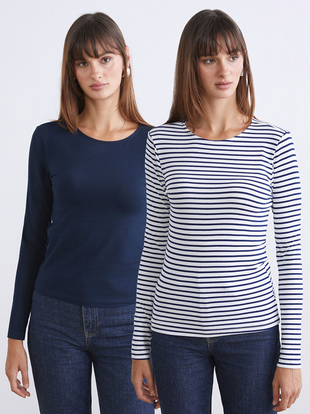 Lacivert Bisiklet Yaka Çizgili Kadın Body 2'li