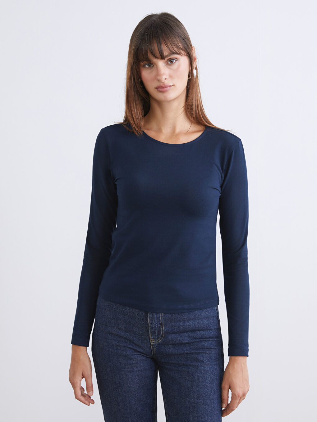 Lacivert Bisiklet Yaka Çizgili Kadın Body 2'li-1