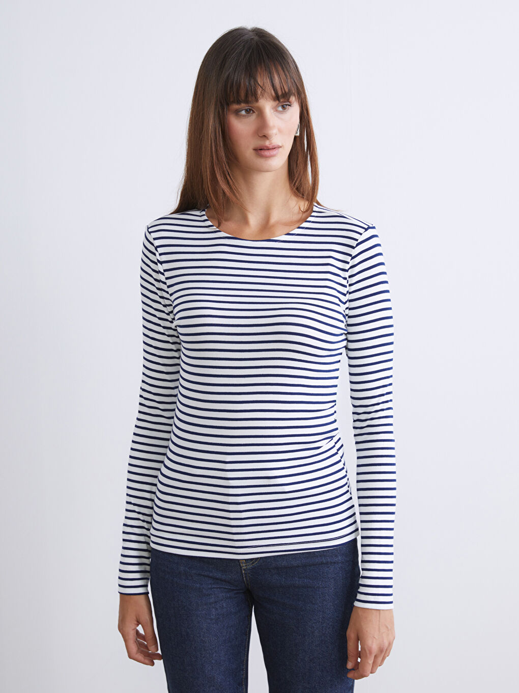 Lacivert Bisiklet Yaka Çizgili Kadın Body 2'li-2