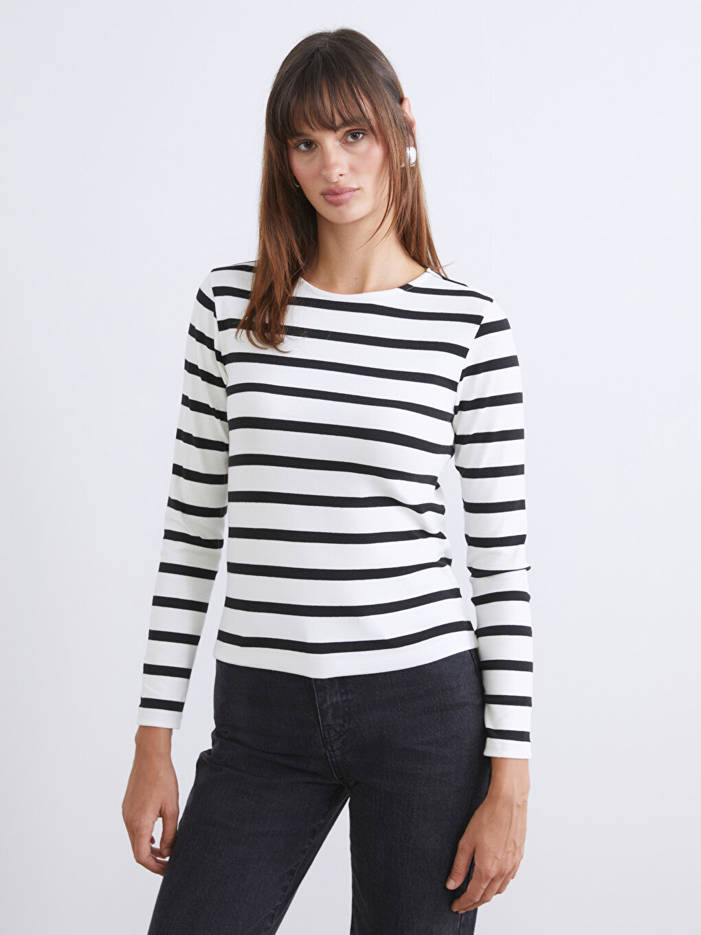 Beyaz Bisiklet Yaka Çizgili Kadın Body 2'li-1