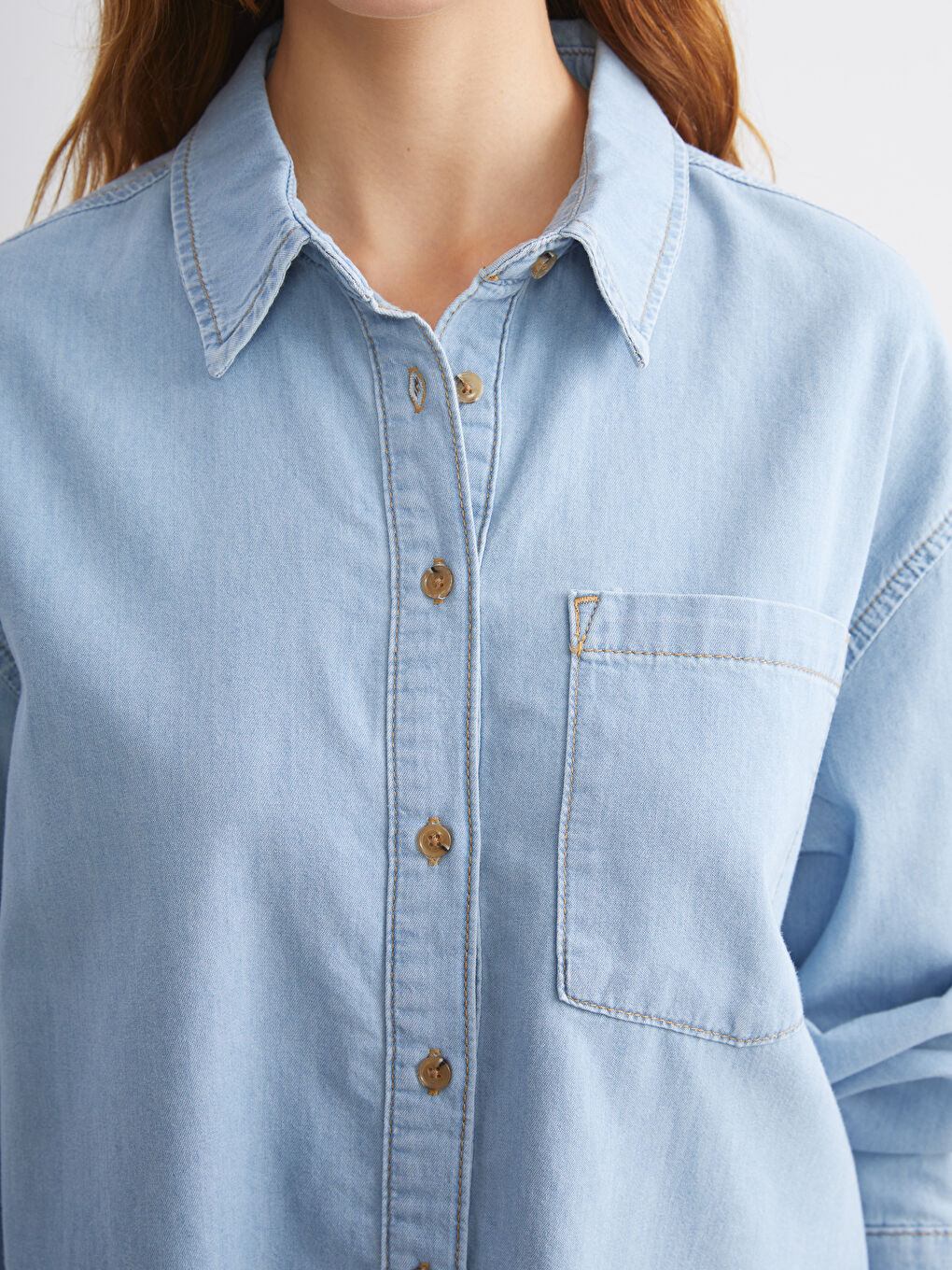 İndigo Cep Detaylı Kadın Jean Gömlek-2