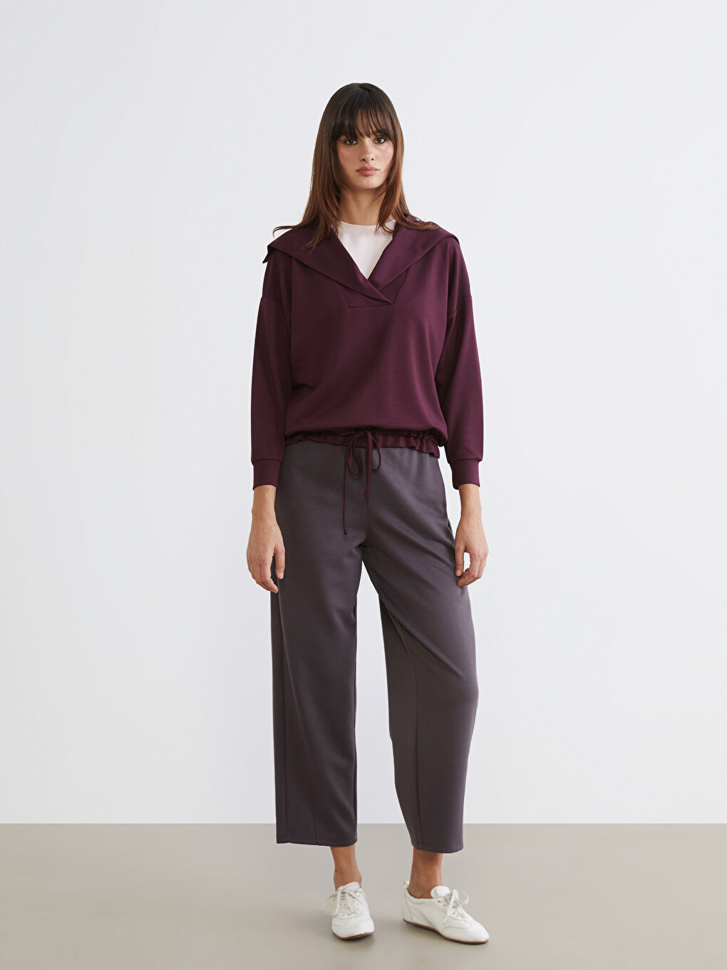 Bordo Şal Yaka Bağcıklı Bluz-1