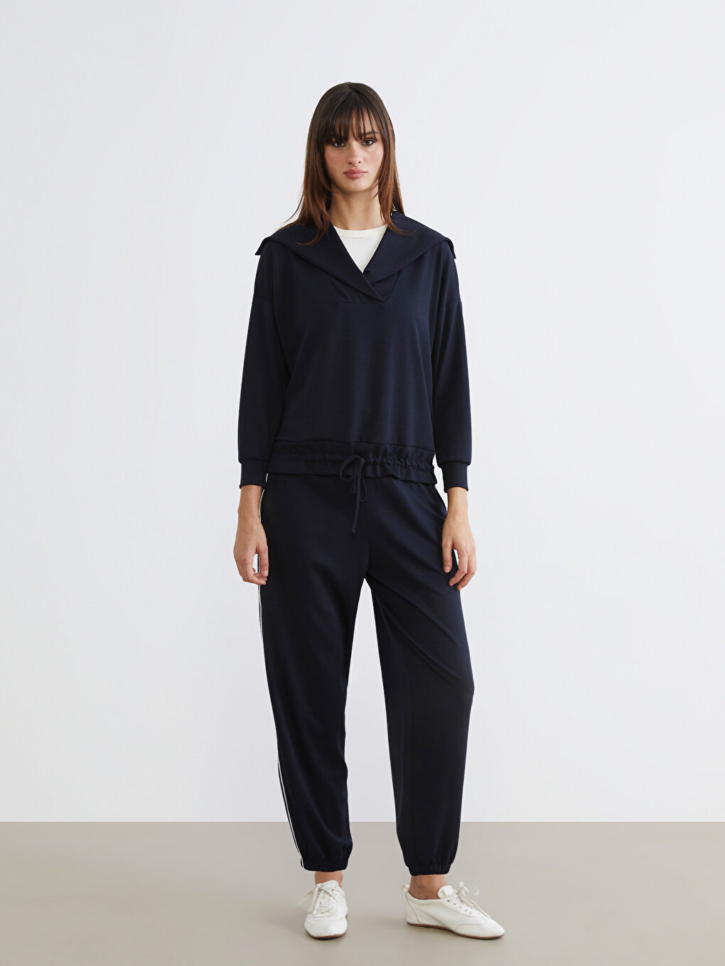 Lacivert Polo Yaka Bağcıklı Bluz-1