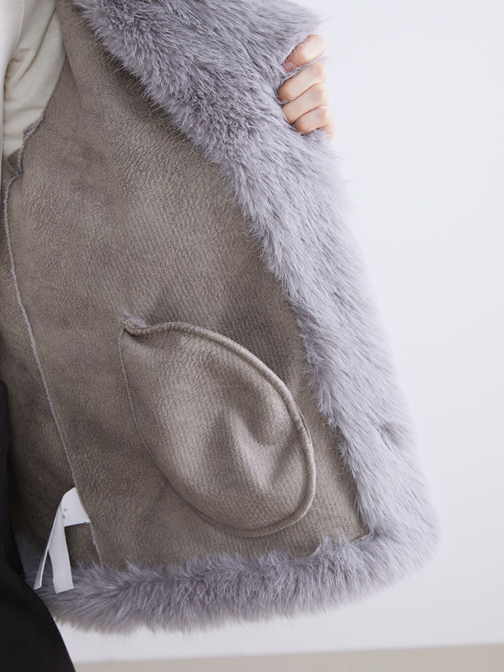 Gri Ceket Yaka Kadın Kürk Mont-3