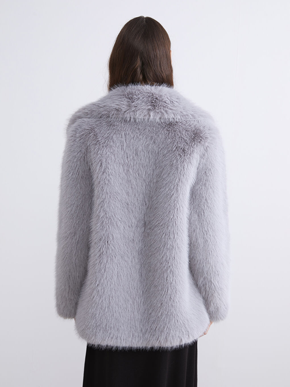 Gri Ceket Yaka Kadın Kürk Mont-4