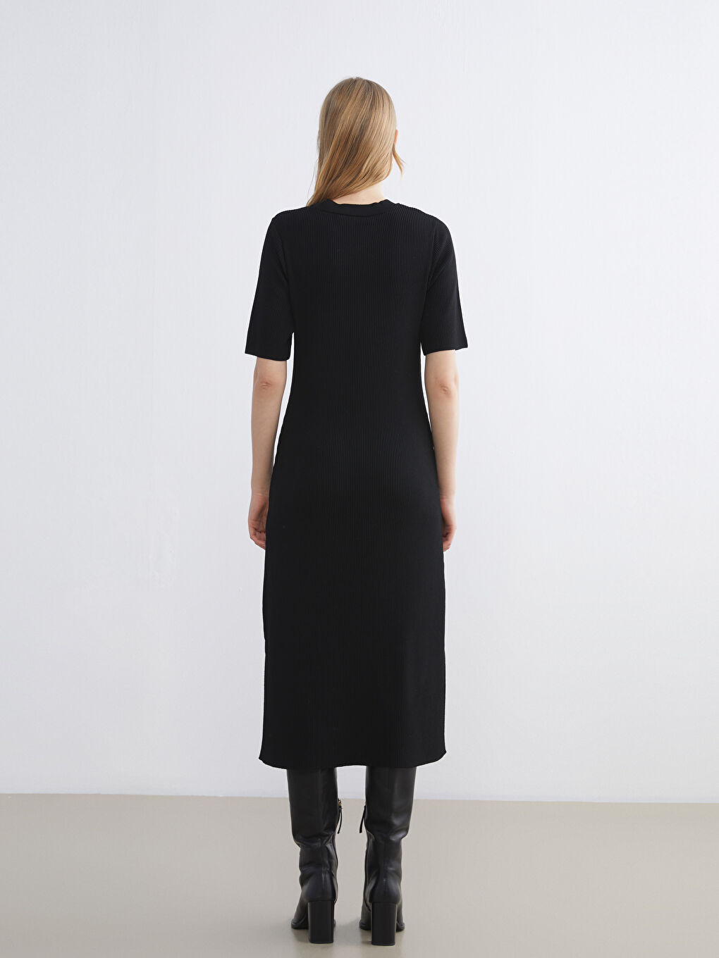 Siyah Bisiklet Yaka Triko Elbise-3