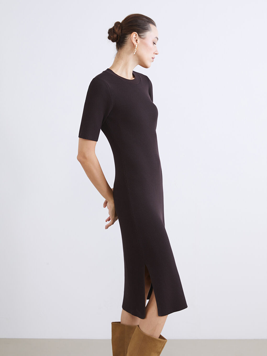 Kahverengi Bisiklet Yaka Triko Elbise-1