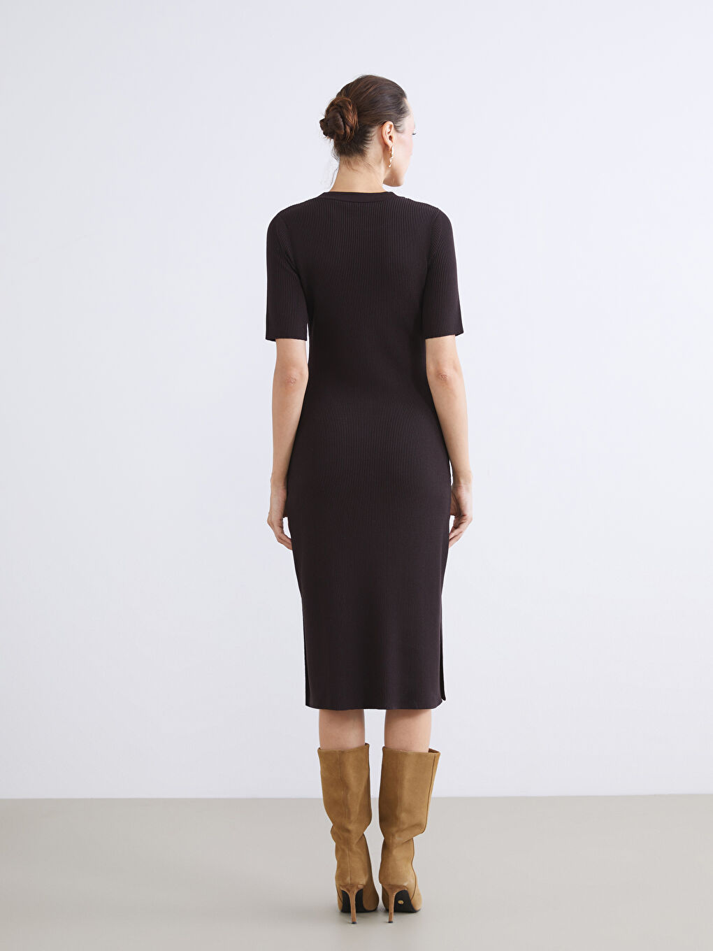 Kahverengi Bisiklet Yaka Triko Elbise-3