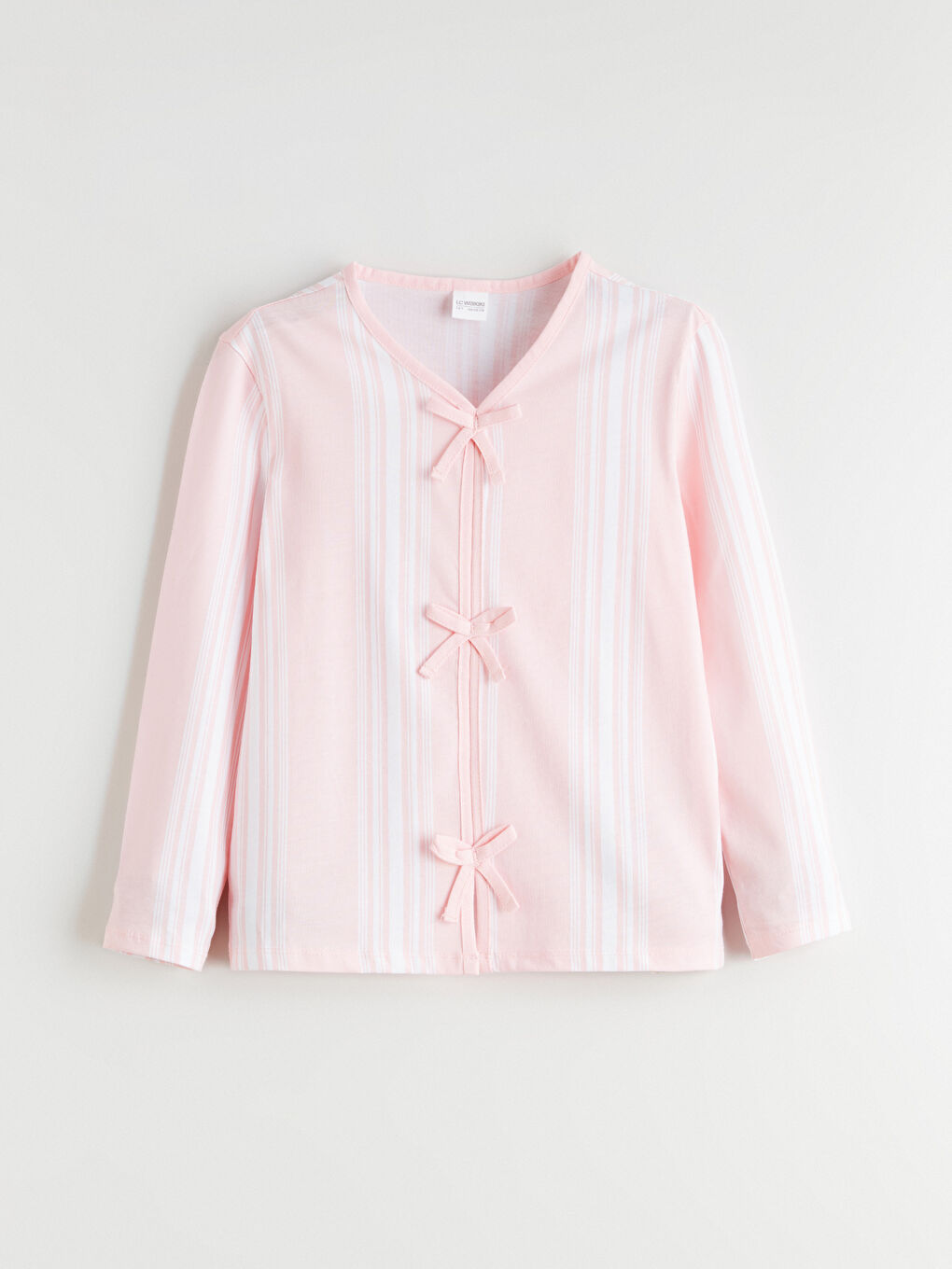 Beyaz V Yaka Fiyonk Detaylı Kız Çocuk Pijama Üst