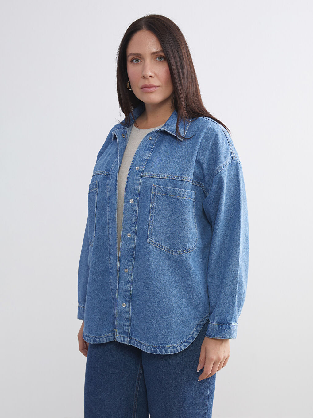 İndigo Gömlek Yaka Kadın Jean Ceket-1