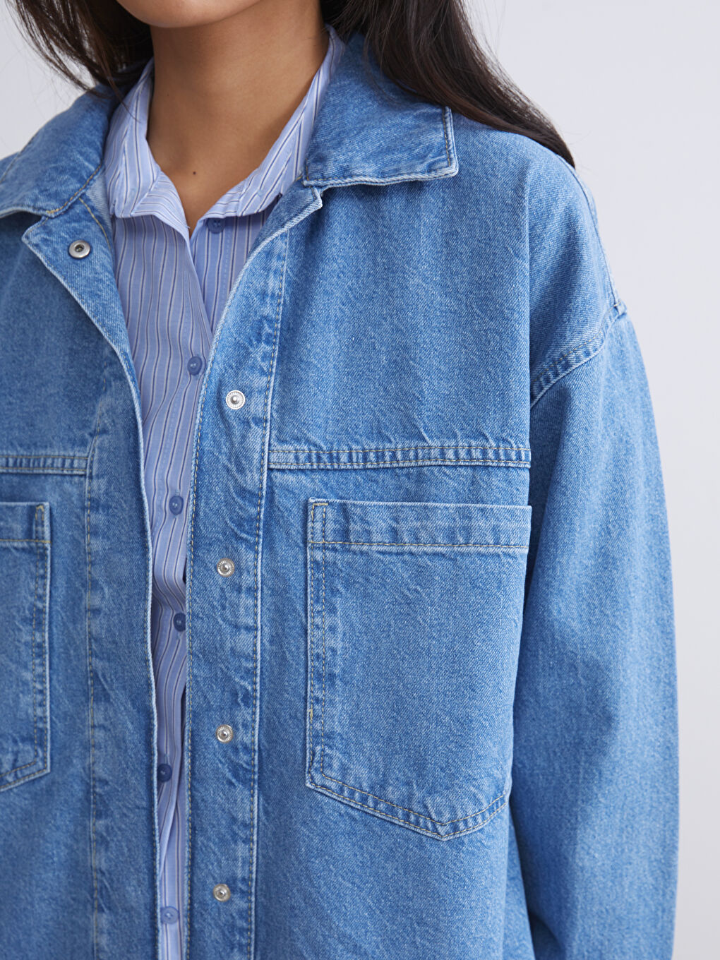 İndigo Gömlek Yaka Kadın Jean Ceket-3
