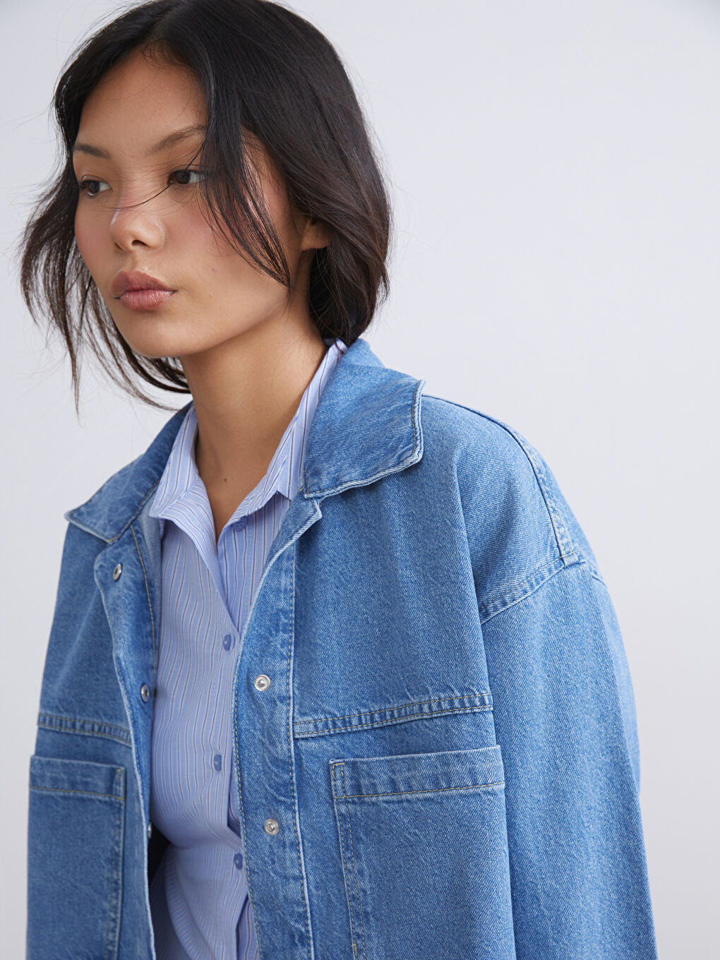 İndigo Gömlek Yaka Kadın Jean Ceket-4