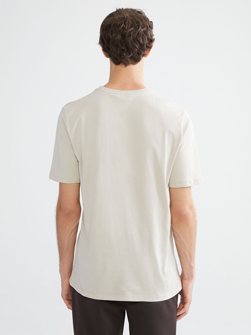 Bej Bisiklet Yaka Baskılı Penye Erkek Tişört-3