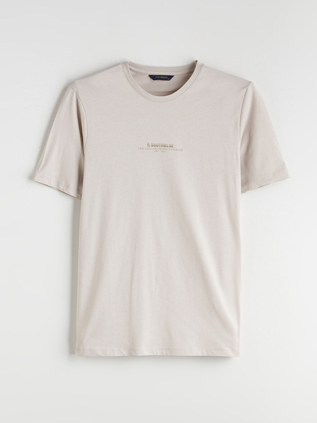 Bej Bisiklet Yaka Baskılı Penye Erkek Tişört-4