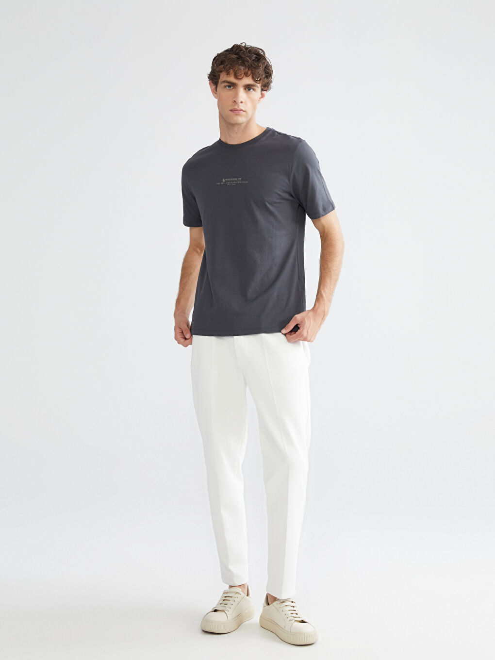 Antrasit Bisiklet Yaka Baskılı Penye Erkek Tişört-1