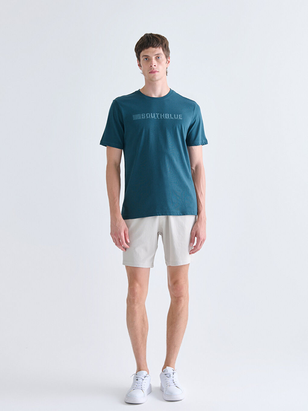 Petrol Bisiklet Yaka Baskılı Penye Erkek Tişört-1