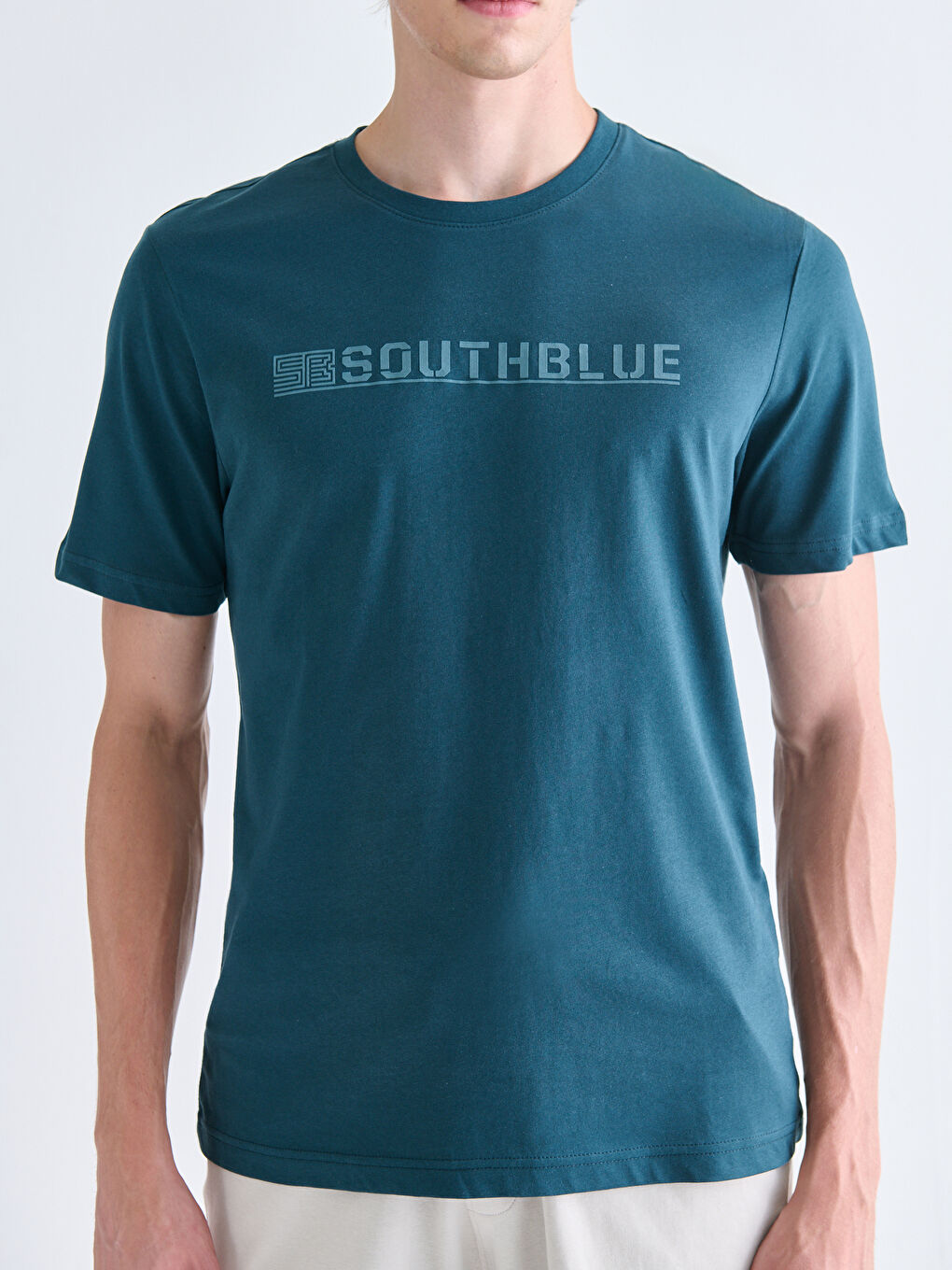 Petrol Bisiklet Yaka Baskılı Penye Erkek Tişört-2