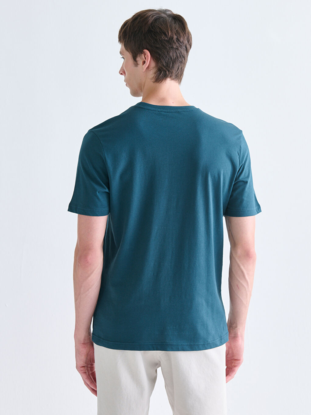 Petrol Bisiklet Yaka Baskılı Penye Erkek Tişört-3