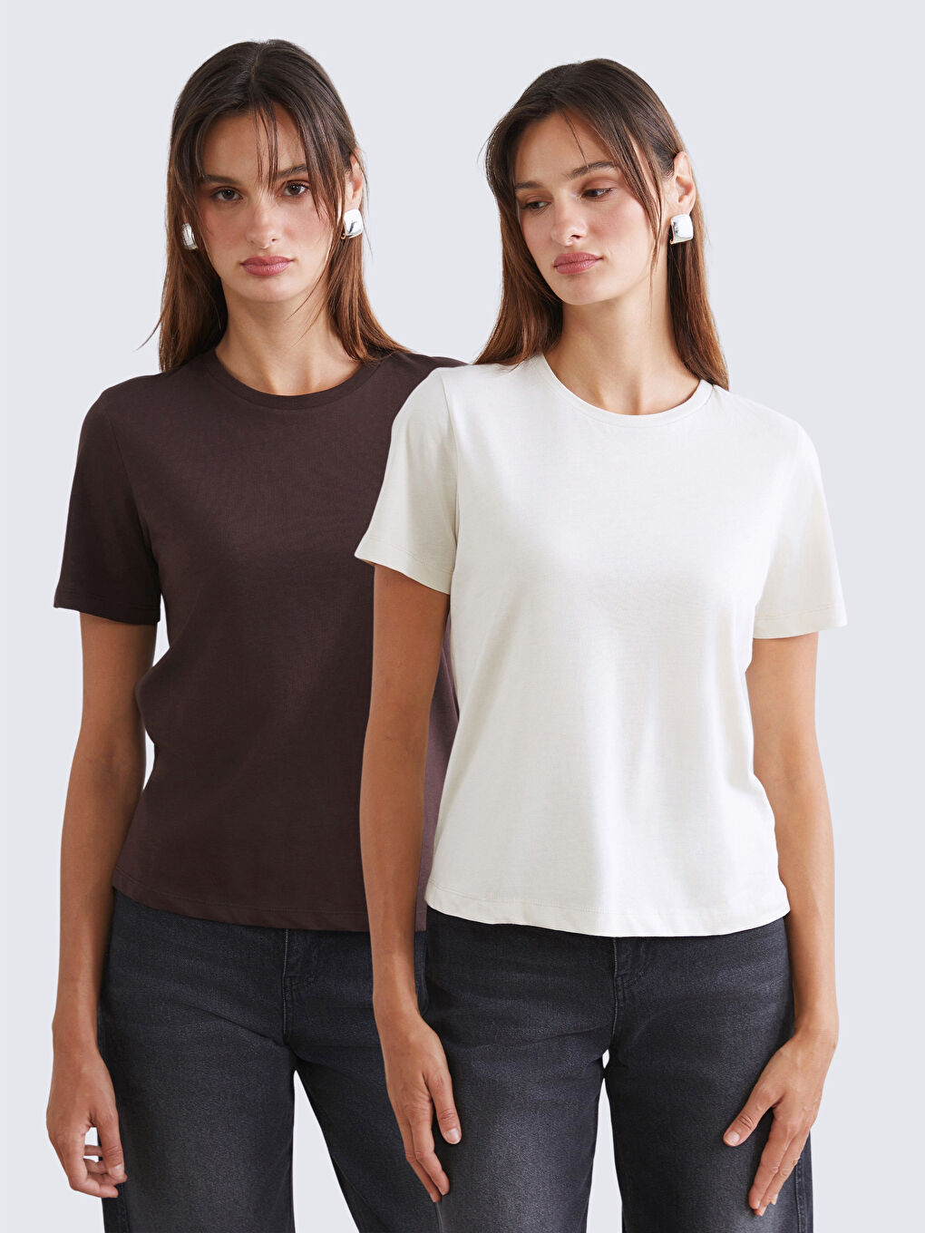 Kahverengi Bisiklet Yaka Kadın Tişört 2'li