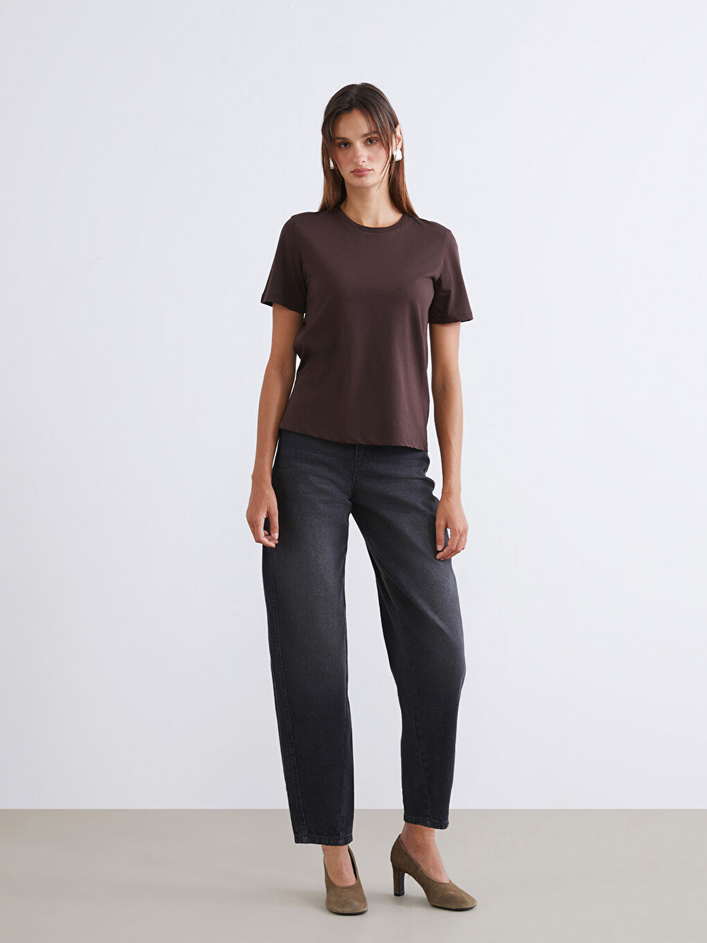 Kahverengi Bisiklet Yaka Kadın Tişört 2'li-3