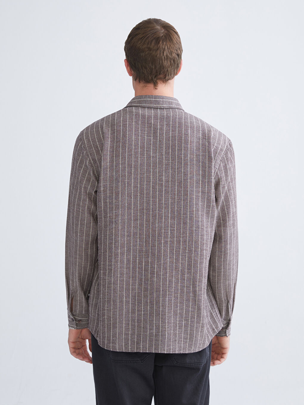 Kahverengi Regular Fit Uzun Kollu Çizgili Erkek Gömlek-3