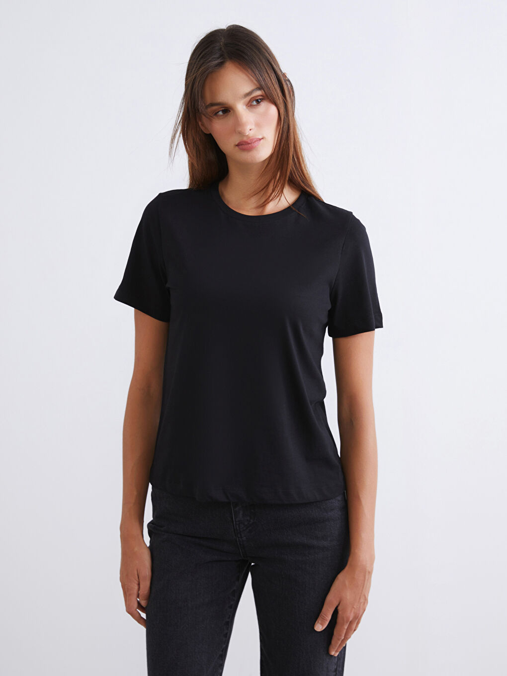 Siyah Bisiklet Yaka Kadın Tişört 2'li-2