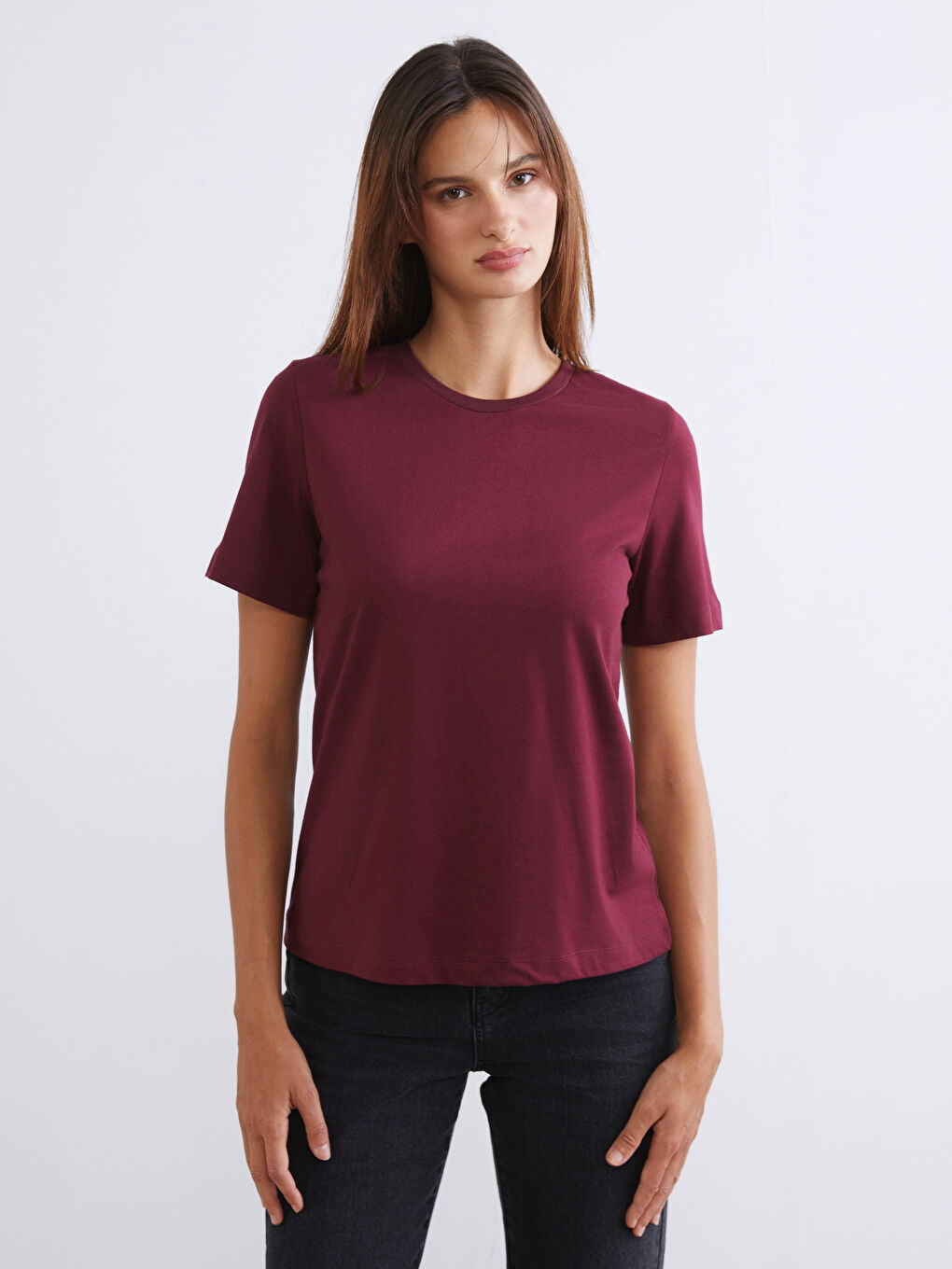 Bordo Bisiklet Yaka Kadın Tişört 2'li-2