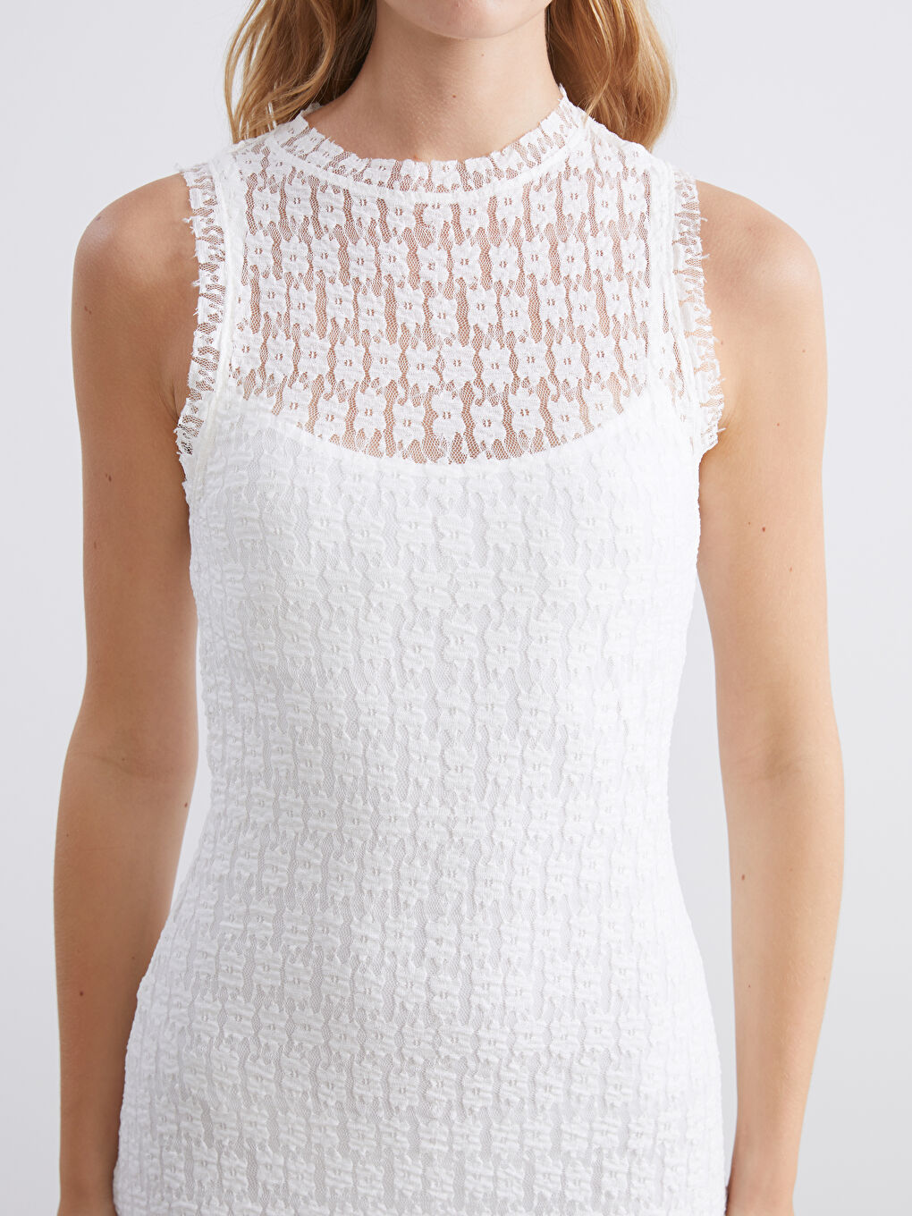 Ekru Bisiklet Yaka Dantelli Elbise-2