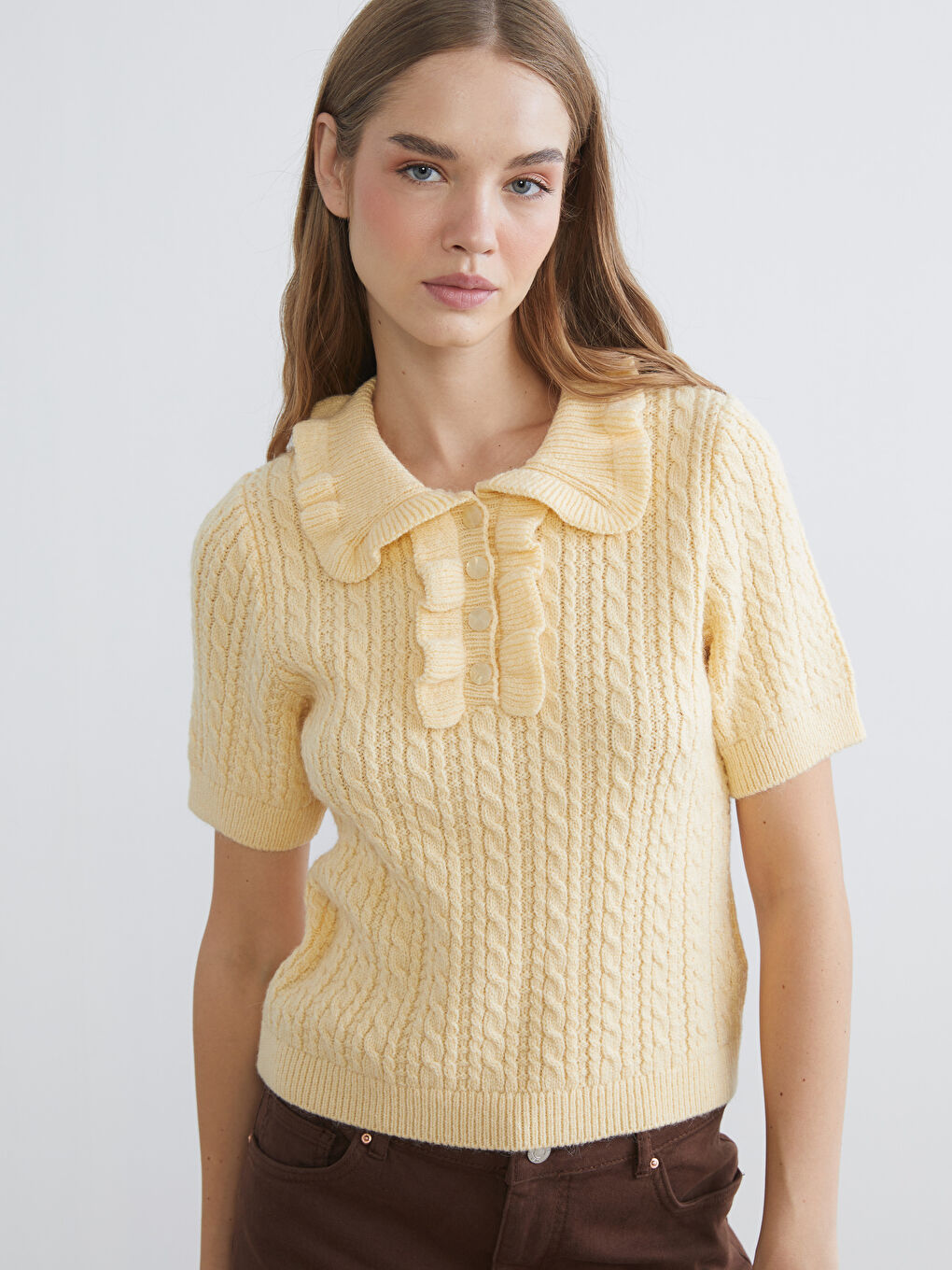 Polo Neck Self Patterned Women's Knitwear Sweater