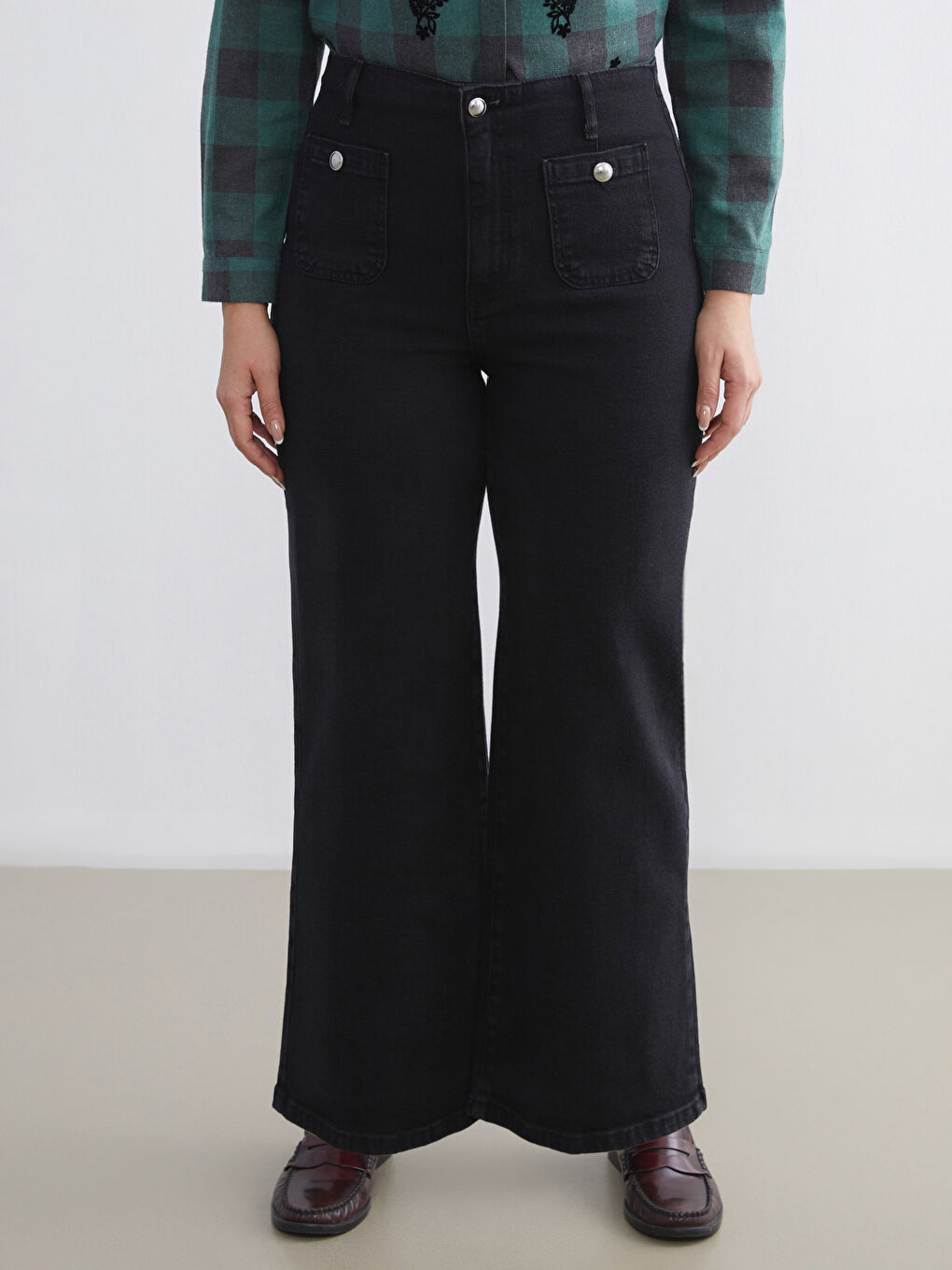 Siyah Büyük Beden Wideleg Kadın Jean Pantolon-1