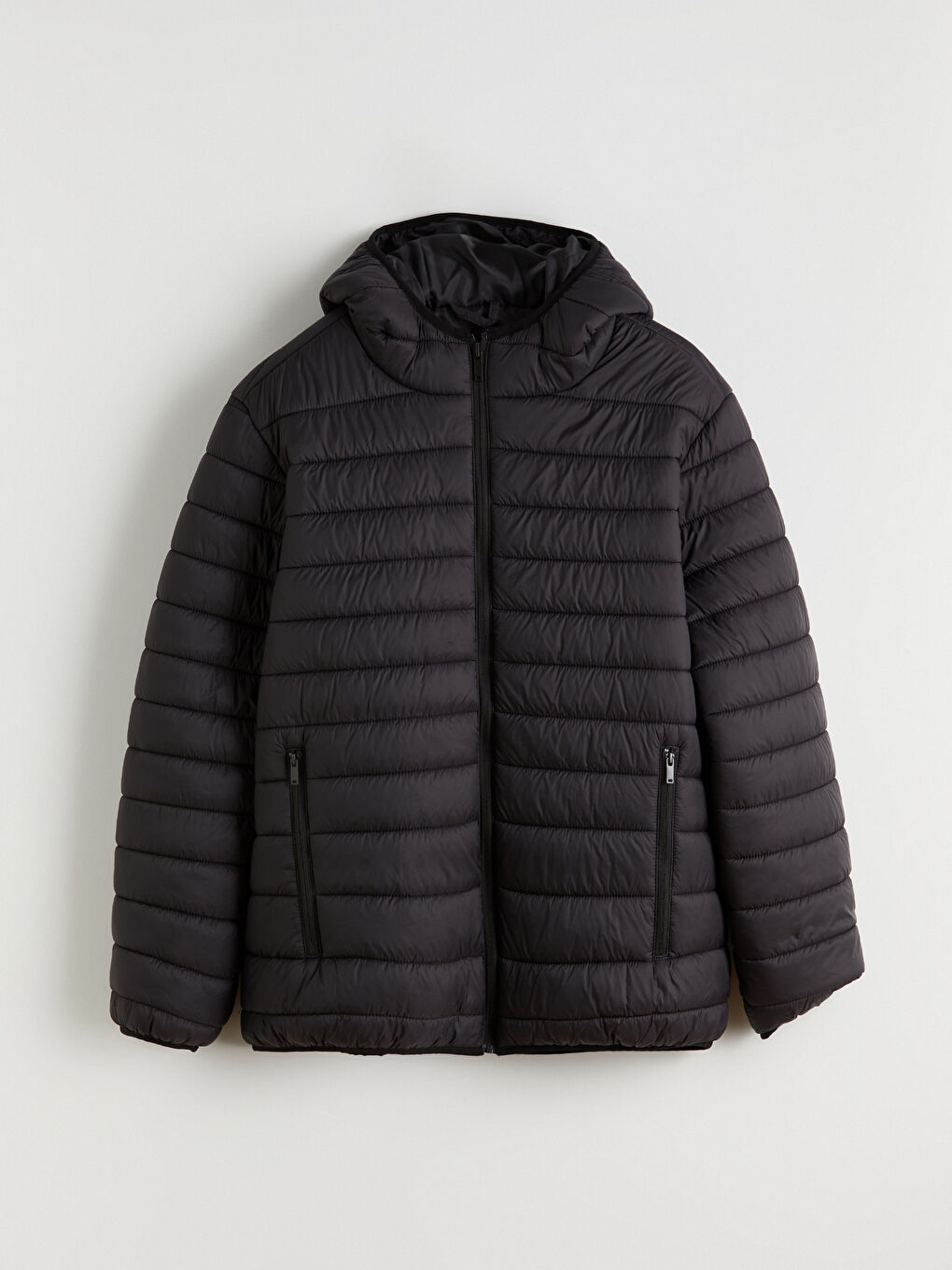 Siyah Büyük Beden Standart Kalıp Kapüşonlu Erkek Şişme Mont-5