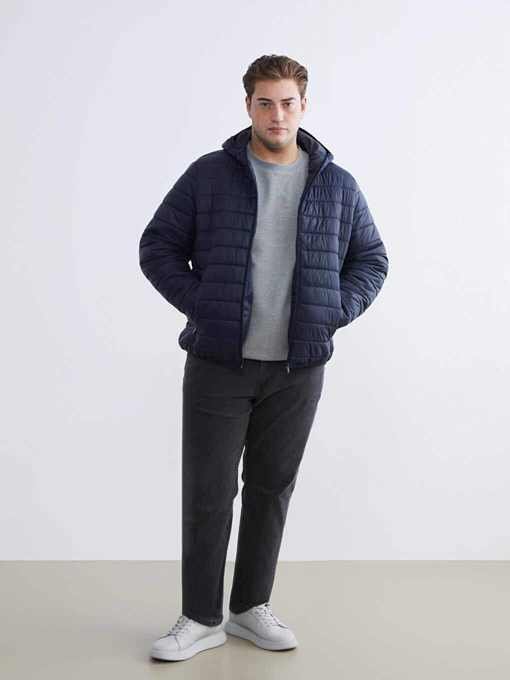 Lacivert Büyük Beden Standart Kalıp Kapüşonlu Erkek Şişme Mont-1