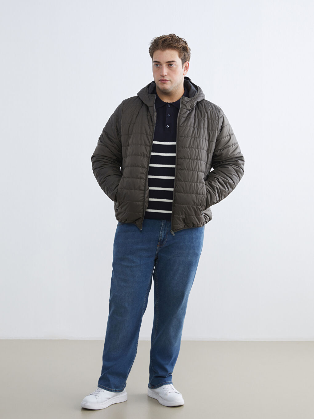 Haki Büyük Beden Standart Kalıp Kapüşonlu Erkek Şişme Mont-1