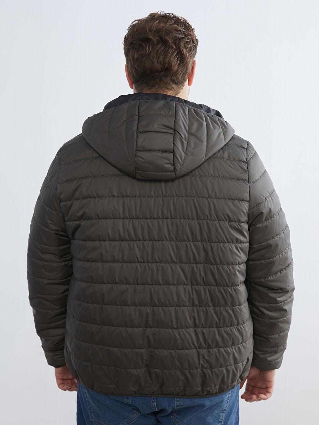 Haki Büyük Beden Standart Kalıp Kapüşonlu Erkek Şişme Mont-4