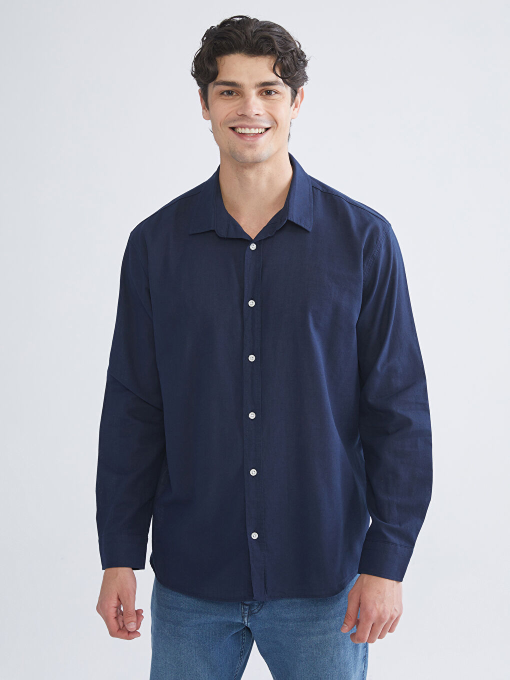 Lacivert Regular Fit Uzun Kollu Keten Karışımlı Erkek Gömlek