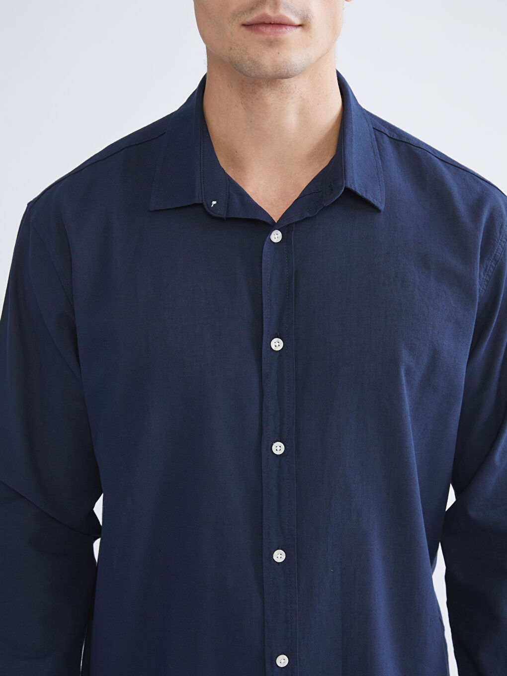Lacivert Regular Fit Uzun Kollu Keten Karışımlı Erkek Gömlek-2