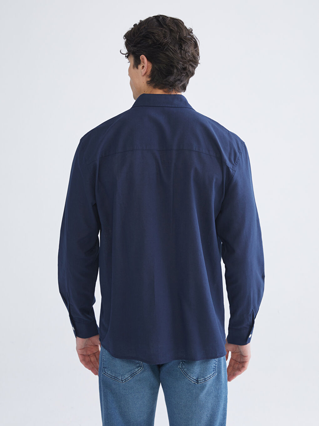 Lacivert Regular Fit Uzun Kollu Keten Karışımlı Erkek Gömlek-3