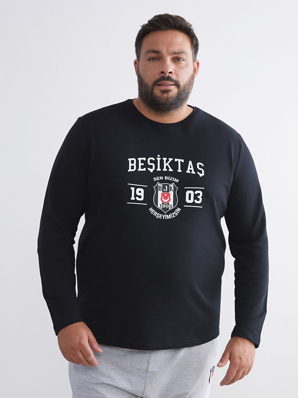Siyah Büyük Beden Bisiklet Yaka Beşiktaş Baskılı Erkek Pijama Üst