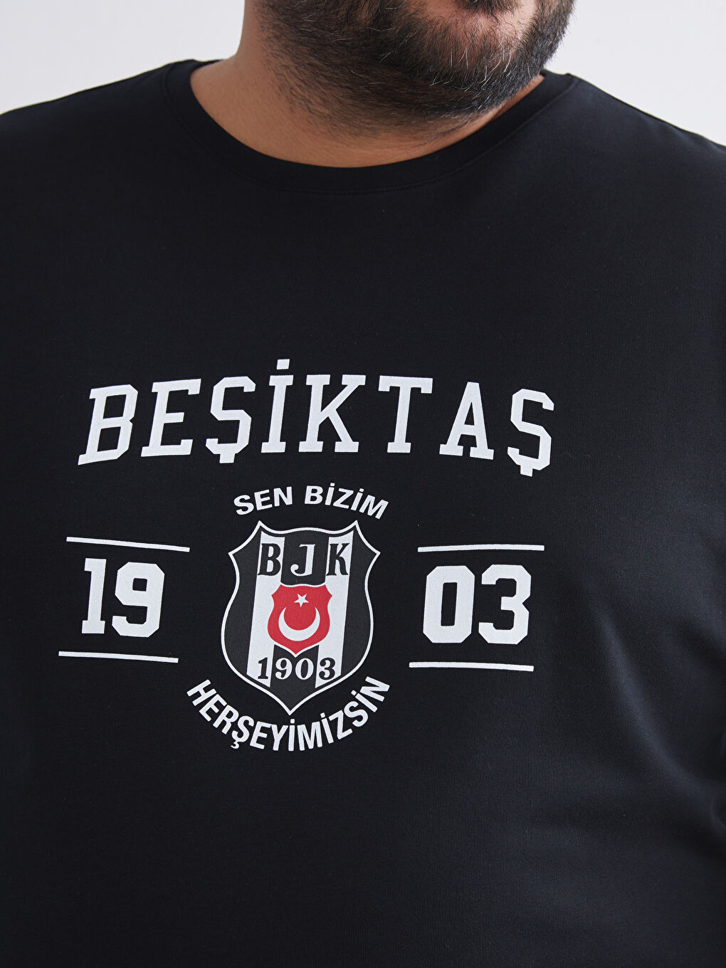 Siyah Büyük Beden Bisiklet Yaka Beşiktaş Baskılı Erkek Pijama Üst-2